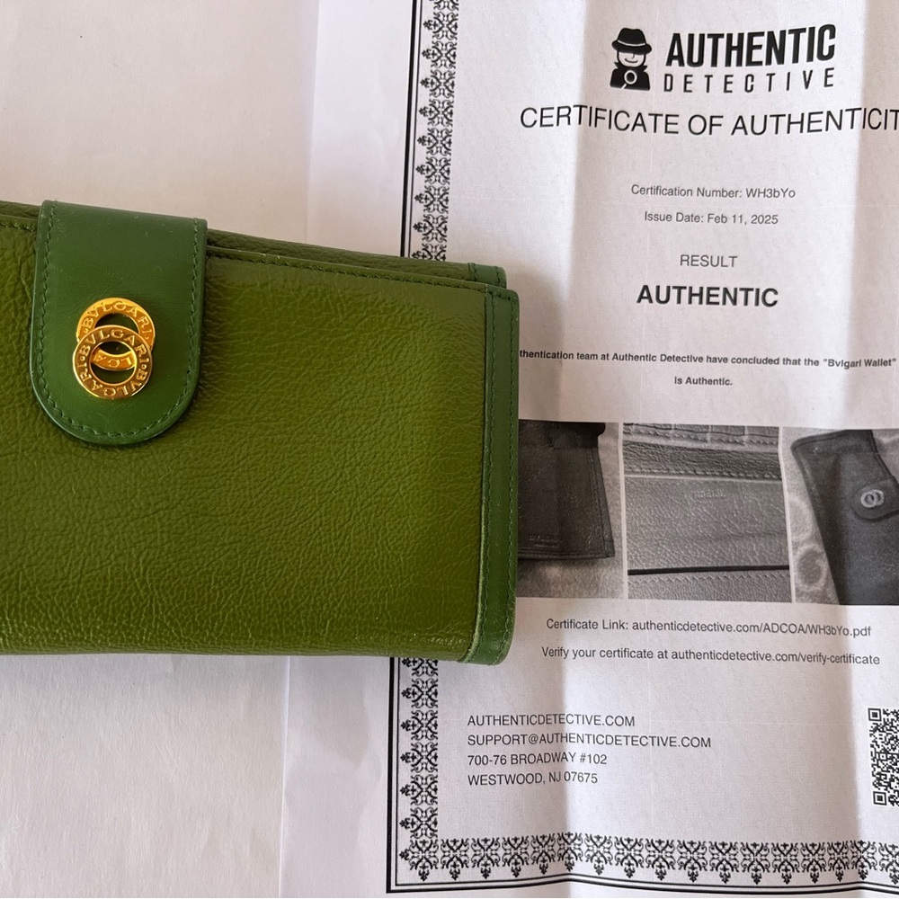 COA Bvlgari Long Wallet Doppi Tondo Green Hardware Bulgari Green Leather Wallet